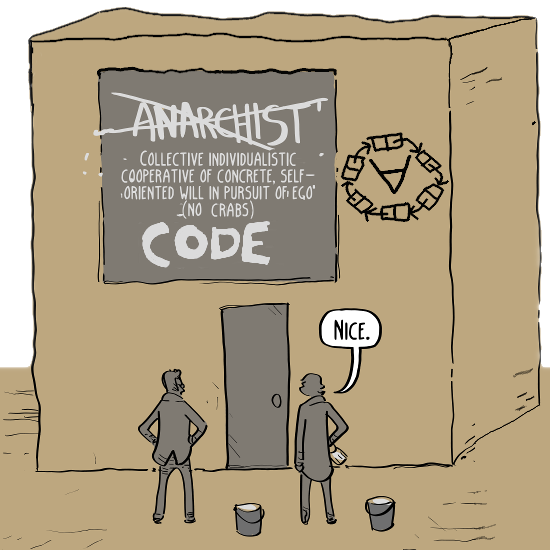 Two hackers standing outside a building with a sign with 'Anarchist' crossed out, then 'Collective individualistic cooperative of concrete, self-oriented will in pursuit of ego (no crabs) code'. One of the hackers says 'Nice'.